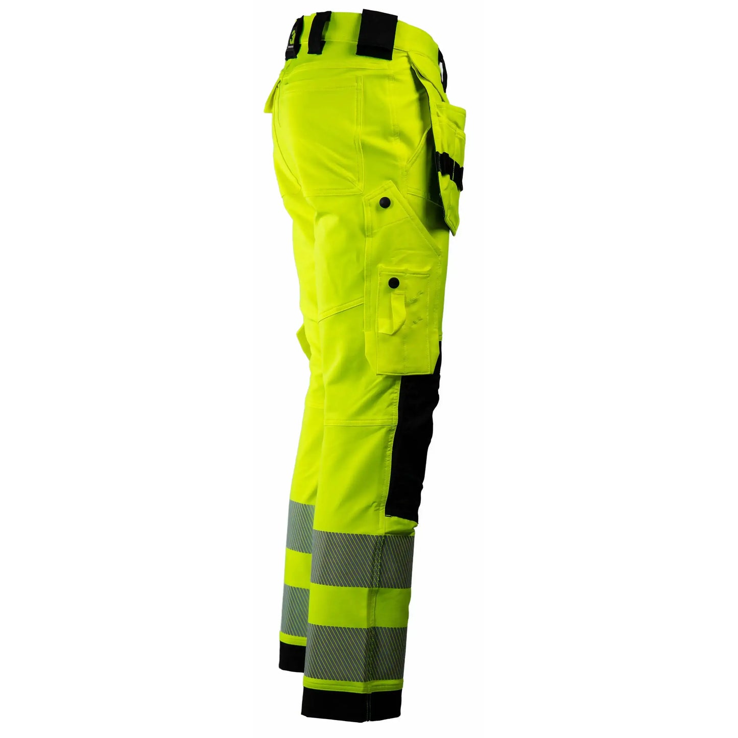 Tor Bukse 3 - slitesterk og funksjonell arbeidsbukse med høy synlighet, kort benlengde, knelommer for knebeskyttere, avtagbare hengelommer, laget av 90% resirkulert nylon og 10% spandex, sertifisert EN 20471 klasse 2, farge sort/fluoriserende gul, unisex design, perfekt for helårsbruk.