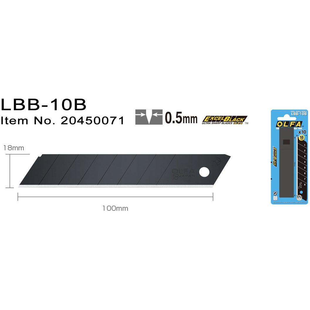 Olfa LBB-10B Bryteblad 18 mm i høykvalitets verktøystål med ekstra skarp kant, perfekt for presise kutt i lær, papp og papir, ideell for både profesjonelle og hobbybrukere.