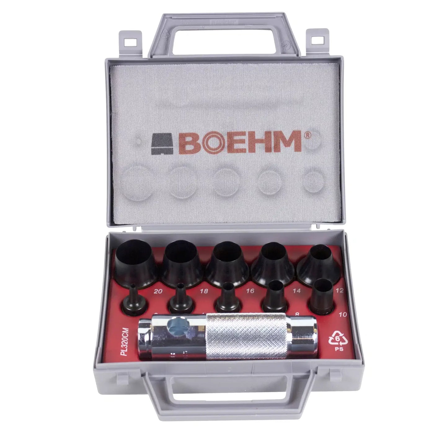 "Huggpipesett JLB320 Boehm med patentert system for rask utskifting av huggepipe-størrelser, designet for presis kutting av papir, lær, gummi, kunststoff og plast, med solide metallstativer for langvarig bruk."