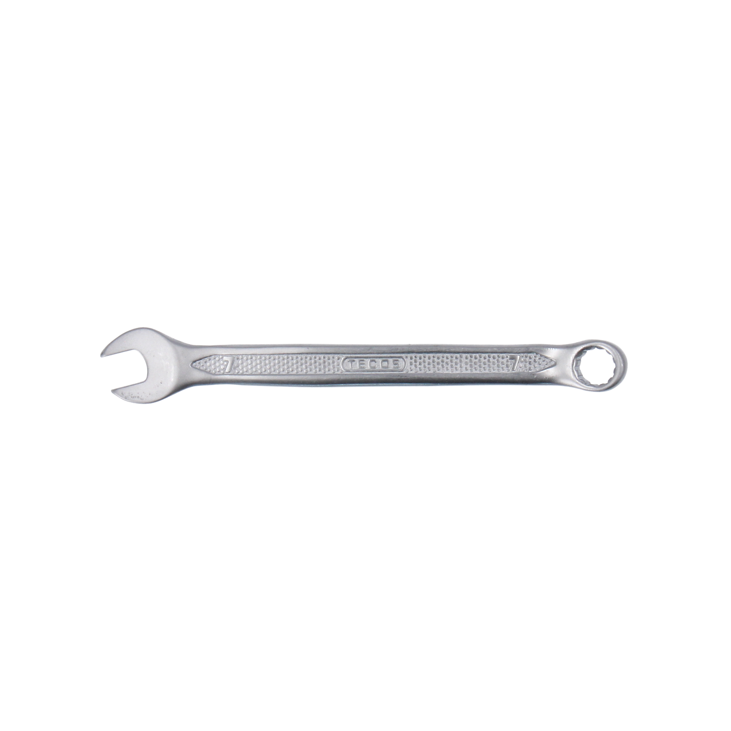 Tecos Fastnøkkel 7 × L112 mm, industrikvalitets kombinasjonsnøkkel med slank design, laget av CrV industristål, matt smussavvisende overflate og 15° vinkel for optimal bruk i trange områder.