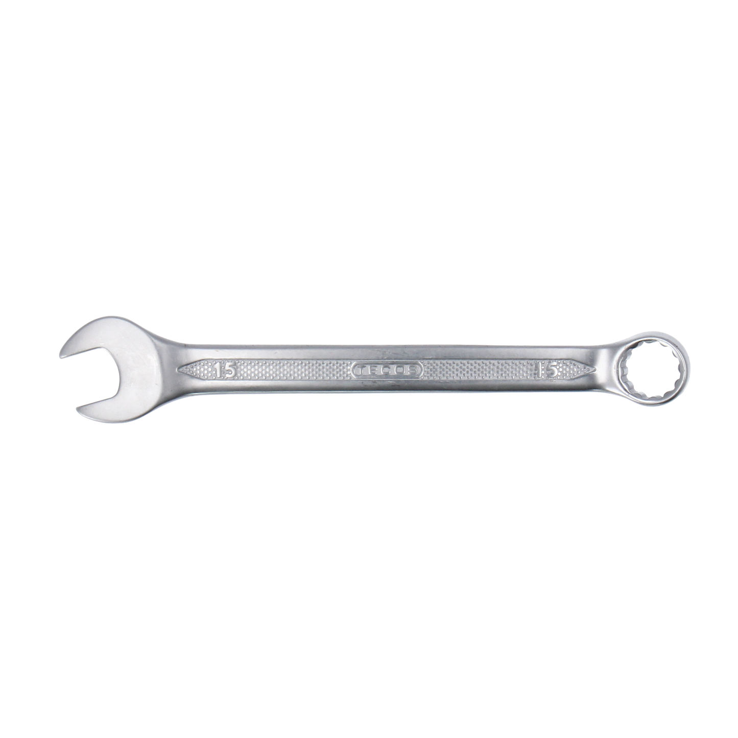 Tecos Fastnøkkel 15 × L190 mm, industrikvalitets kombinasjonsnøkkel med slank design, laget av CrV industristål, smussavvisende overflate og 15° vinkel for optimal bruk i trange områder.