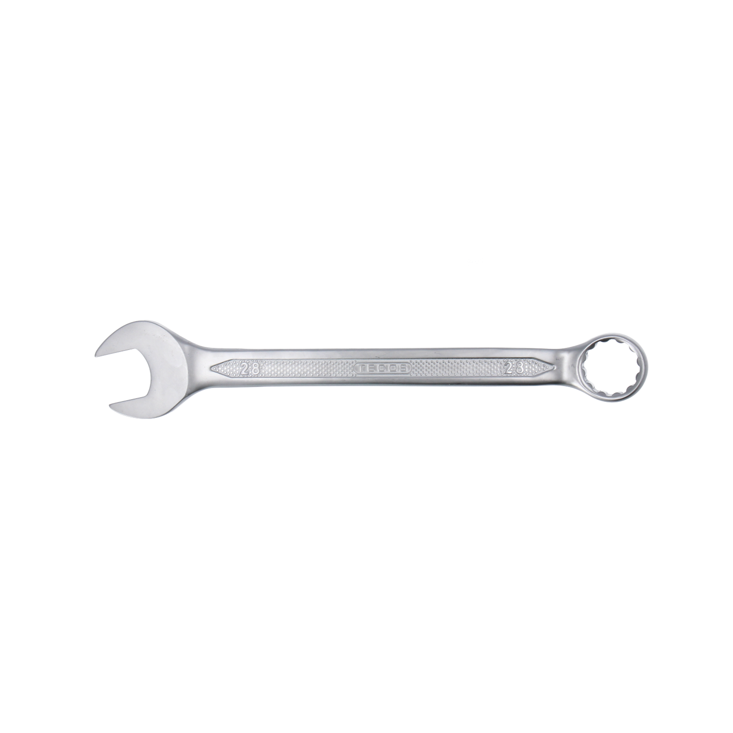 "Tecos Fastnøkkel 28 × L320 mm, en robust og slank kombinasjonsnøkkel i industrikvalitet laget av CrV industristål, med matt smussavvisende overflate og 15° vinkel for optimal brukervennlighet."