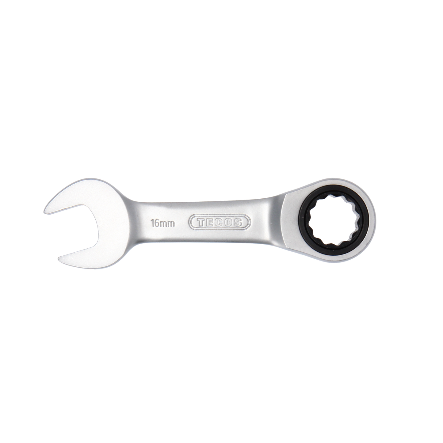 "Tecos kort skrallenøkkel Stubby, 16 × L119 mm, med 72 tenner, laget av holdbart CrV industristål, perfekt for arbeid i trange områder."