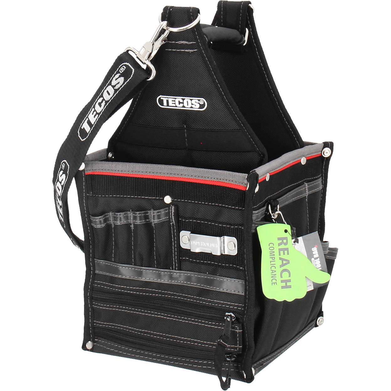 "Tecos Elektrikker verktøyveske laget av slitesterkt 1680D ballistisk nylon, designet for elektrikere med vanntette lommer og praktisk organisering av verktøy, inkludert skulderstropp og bærehåndtak."