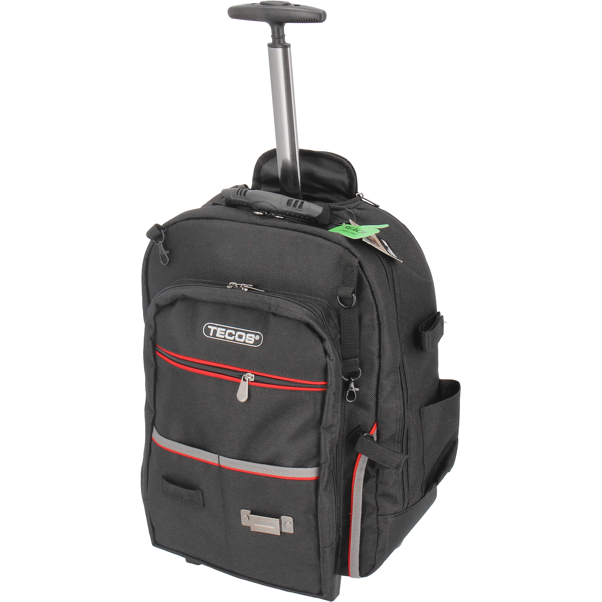 "Tecos Verktøysekk Trolley 30L i slitesterkt D600 nylon med vanntette lommer, romslig innvendig rom, hjul for enkel transport og skjulte skulderstropper for ryggsekkbruk, ideell for håndverkere og DIY-entusiaster."