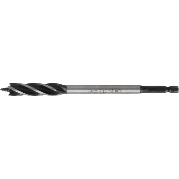 "Tecos 4-skjær Flute Spiralbor 12x165mm med sekskantet skaft og konisk utløp, designet for presise hull med minimal splintring og effektiv boring i trange rom."