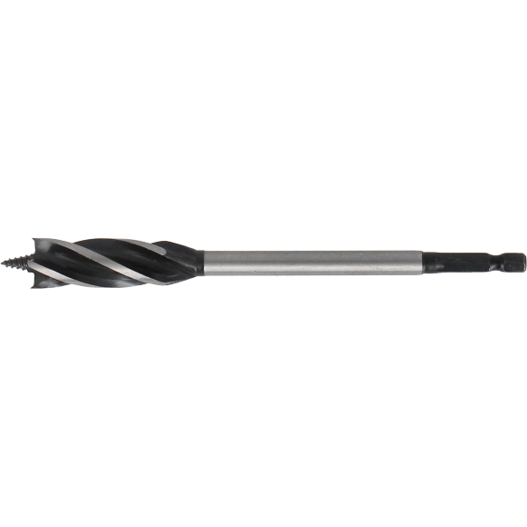 Tecos 4-skjær Flute Spiralbor 16x165mm med sekskantet skaft, konisk utløp og grov gjenget borspiss, designet for presise hull og effektiv boring i trange rom.
