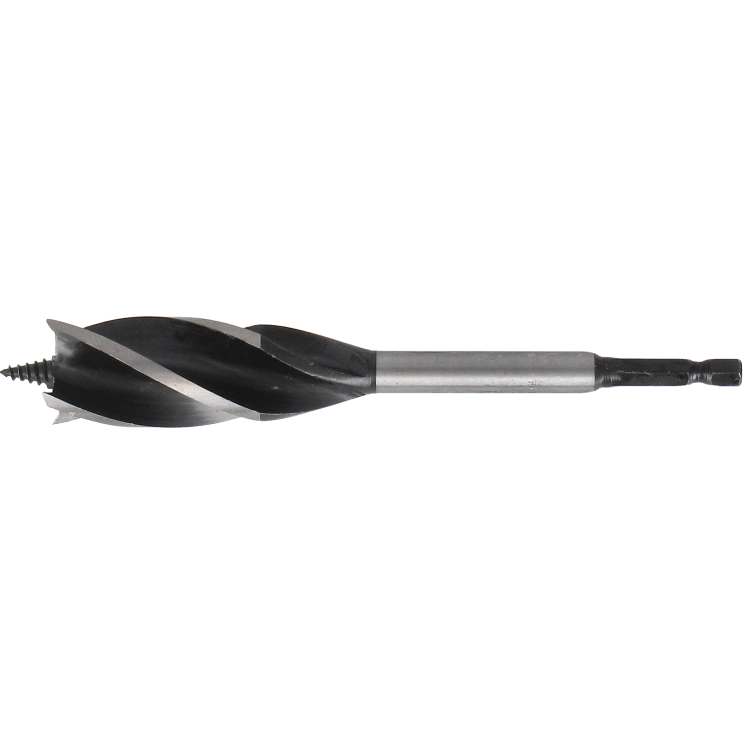 "Tecos 4-skjær Flute Spiralbor 25x165mm med sekskantet skaft, konisk utløp og grov gjenget borspiss, ideelt for presise hull og effektiv boring i trange rom."