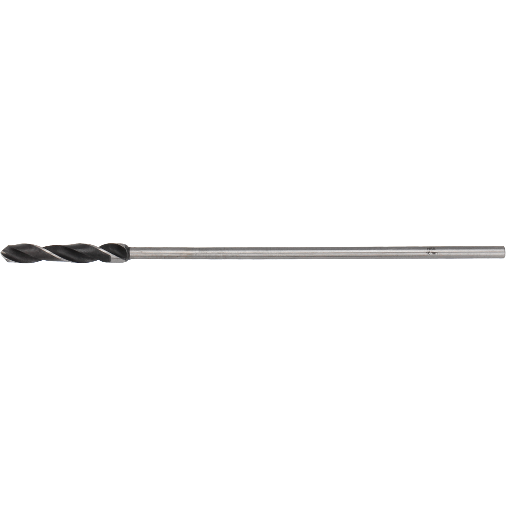 "Tecos Installasjonsbor 16x400mm med HSS-stålspisser, langt skaft og konisk spiralspor, ideelt for boring i lette byggematerialer som tre, gipsplater og metall."