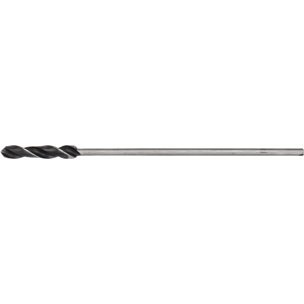 "Tecos Installasjonsbor 18x400mm med HSS-stålspisser, langt skaft og konisk spiralspor, ideelt for boring i lette byggematerialer og fuktig treverk, perfekt for forskaling og elektriske installasjoner."