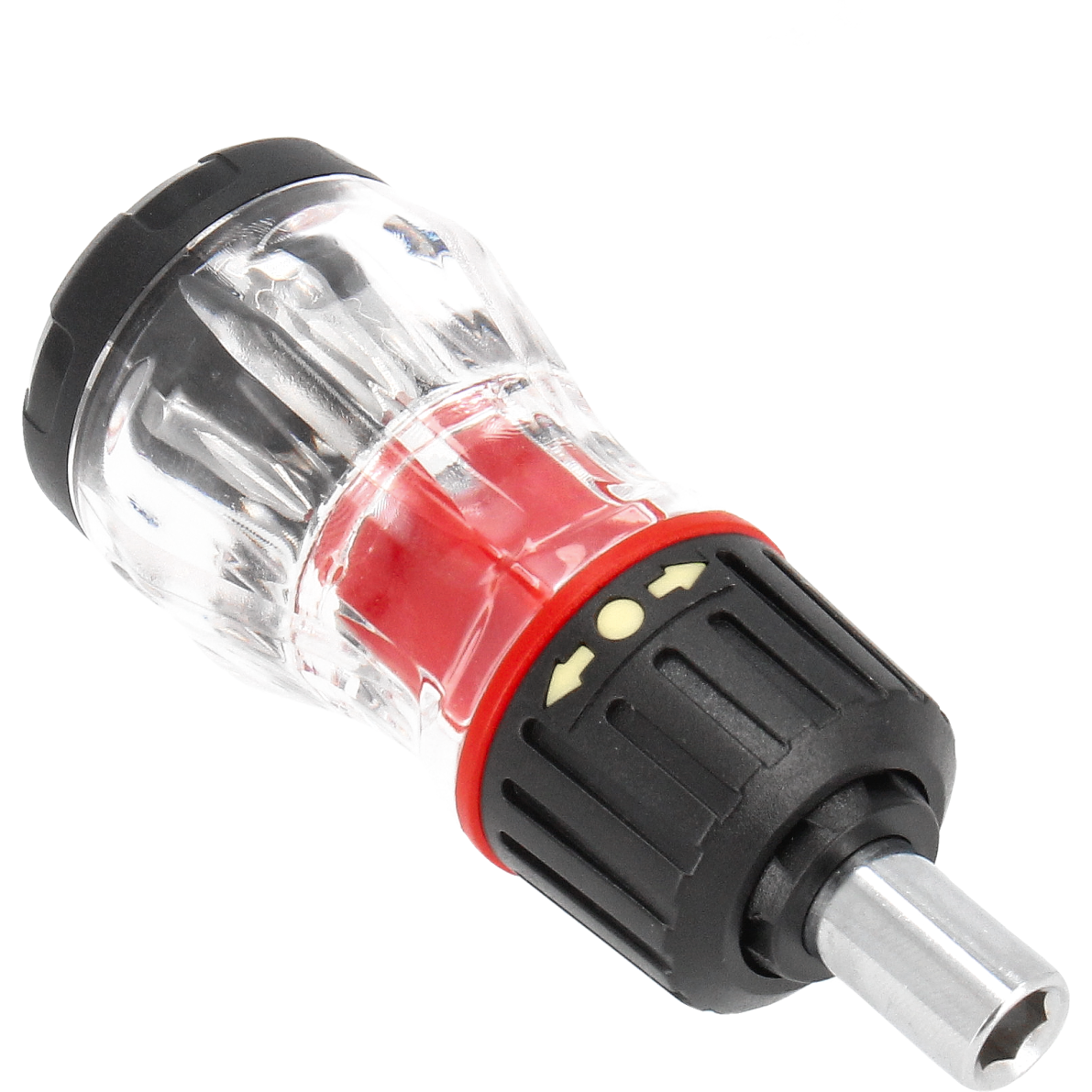 "Tecos Kubbetrekker med skralle - kompakt og robust skrutrekker med skrallefunksjon, ideell for trange arbeidsområder, inkludert 7 stk. 1/4" x 25 mm bits for effektiv skruearbeid."