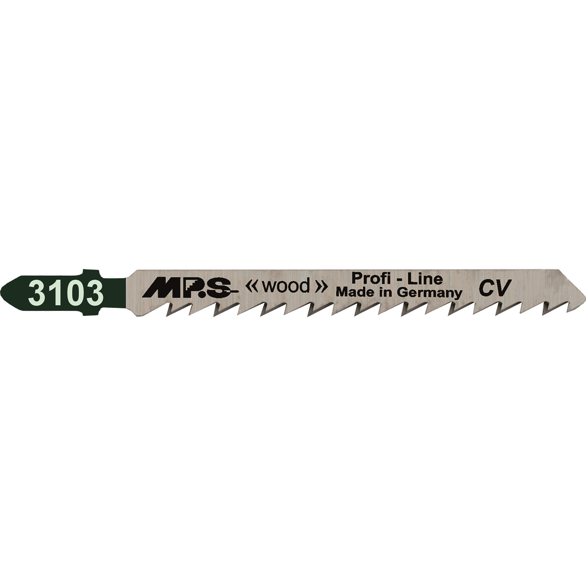"MPS Stiksavklinge 3103 sett med 5 stykker 100 mm stiksagblader laget av CrV-stål, designet for presise og splintfrie kutt i myke materialer som laminat og finér, med krysslipte tenner og egnet for materialtykkelser mellom 10 og 45 mm."