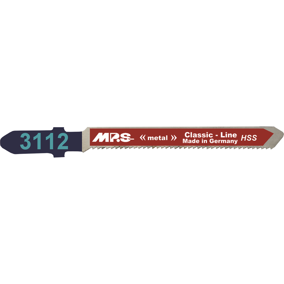 MPS Stikksagblad 3112, 5 stk. 75 mm HSS 21 tpi, ideelt for kurvesnitt i tynnplater og myke metaller, perfekt for både hobbyister og profesjonelle håndverkere.