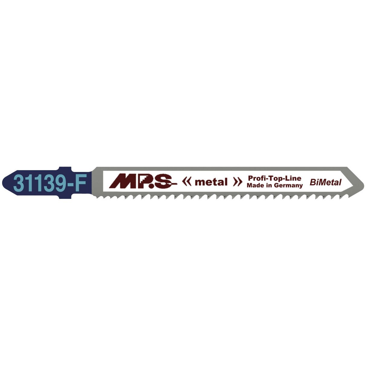 "MPS Stikksagblad 31139-F, 5 stk. bimetallstål stikksagblader, 90 mm lange, ideelle for presise kutt i rustfritt stål og tynne metallplater, med variabel fortanning og fresede tenner for optimal skjæreevne."