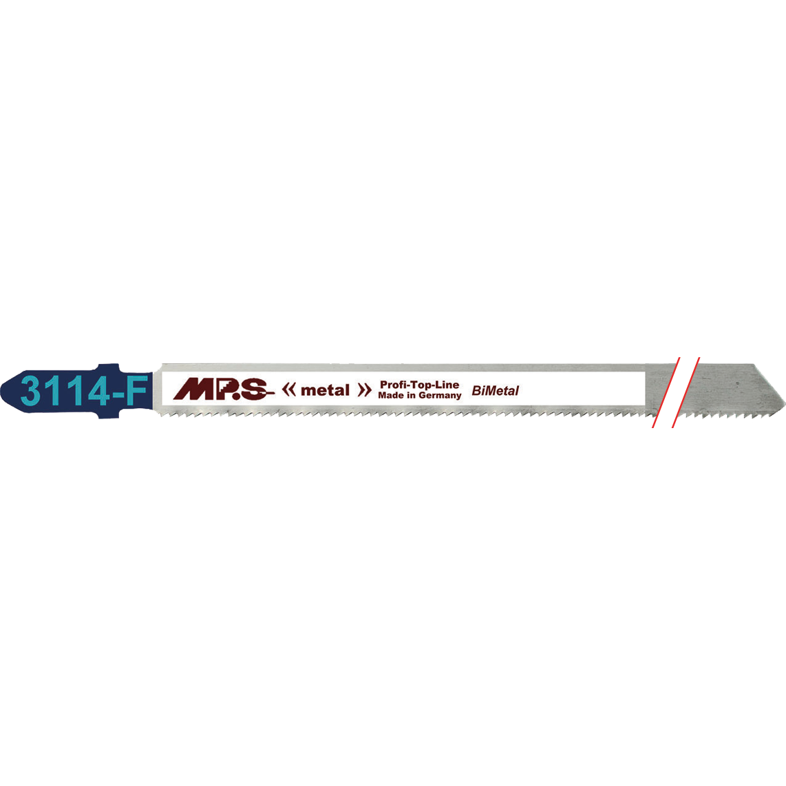 "MPS Stikksagblad 3114-F, 5 stk. 130 mm BiM 21 tpi, høykvalitets stikksagblad laget av bimetallstål, designet for presis kutting av glassfiber og tynne plater."