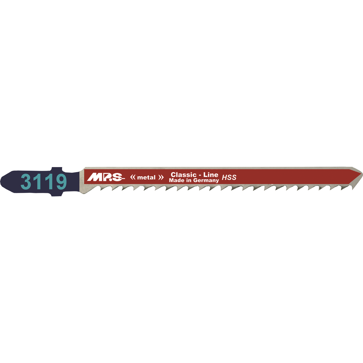 "MPS Stikksagblad 3119, 5 stk. 100 mm HSS 8 tpi, høykvalitets stikksagblad for presise kurvesnitt i jernholdige metaller, ideelt for profesjonelle og hobbyister."