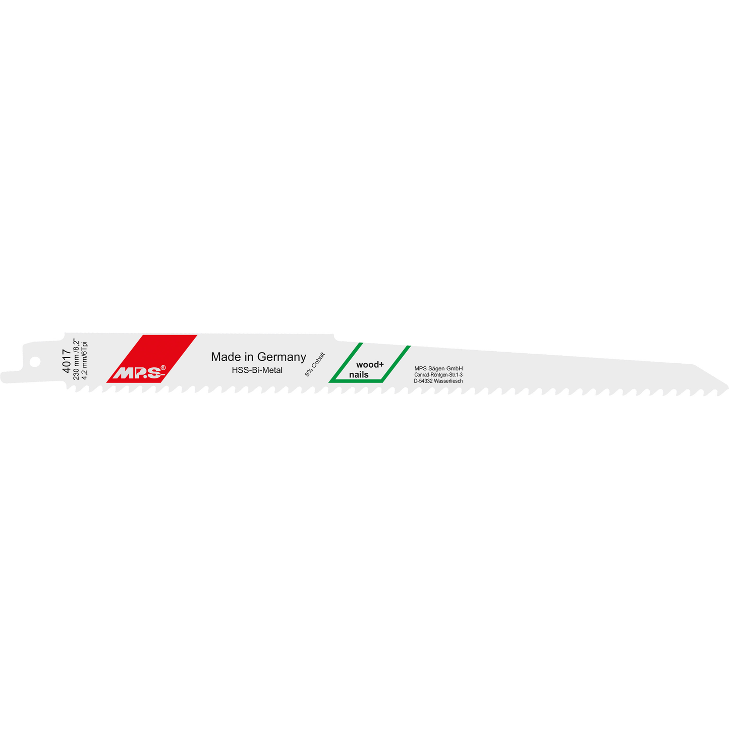 "MPS Bajonettsagblad 4017, 230 mm bimetallblad med 4,2 tpi, ideelt for kutting av tre med spiker, glassfiber og konstruksjonsvirke, levert i pakke med 5 stk."