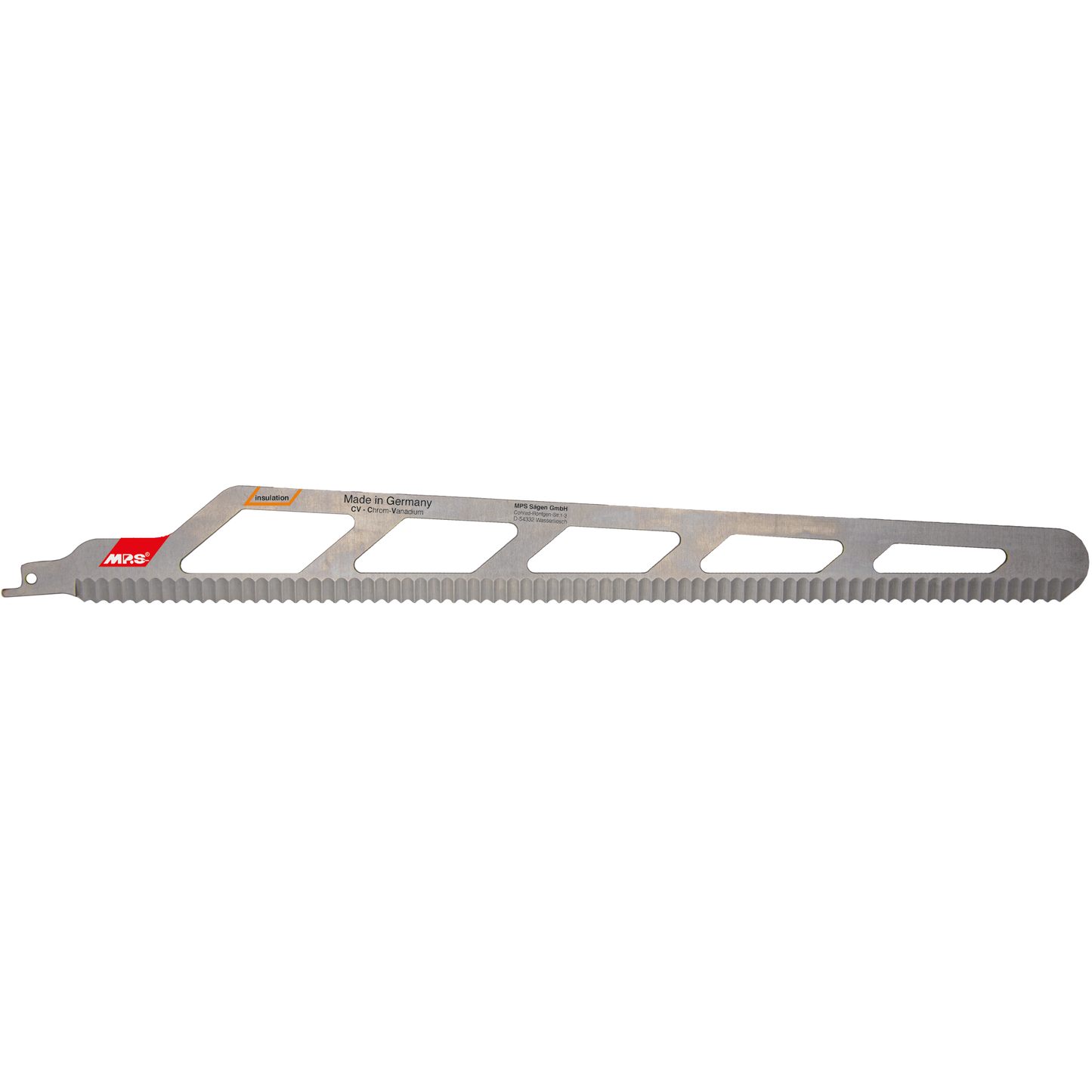 MPS Bajonettsagblad 4039, 410 mm CrV, høykvalitets sagblad for effektiv kutting av kork, tepper, lær, gummi og isolasjonsmaterialer, med tykkelse opp til 350 mm og korrugert design for bedre grep.