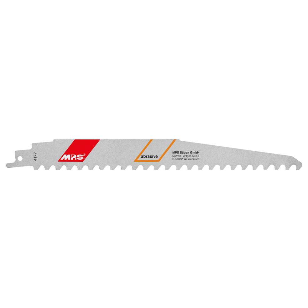"MPS Bajonettsagblad 4177, 230 mm HM 3 tpi, høykvalitets sagblad for presise kutt i glassfiber, PVC, fibersement og lettbetong, ideelt for profesjonelle og hobbybrukere."