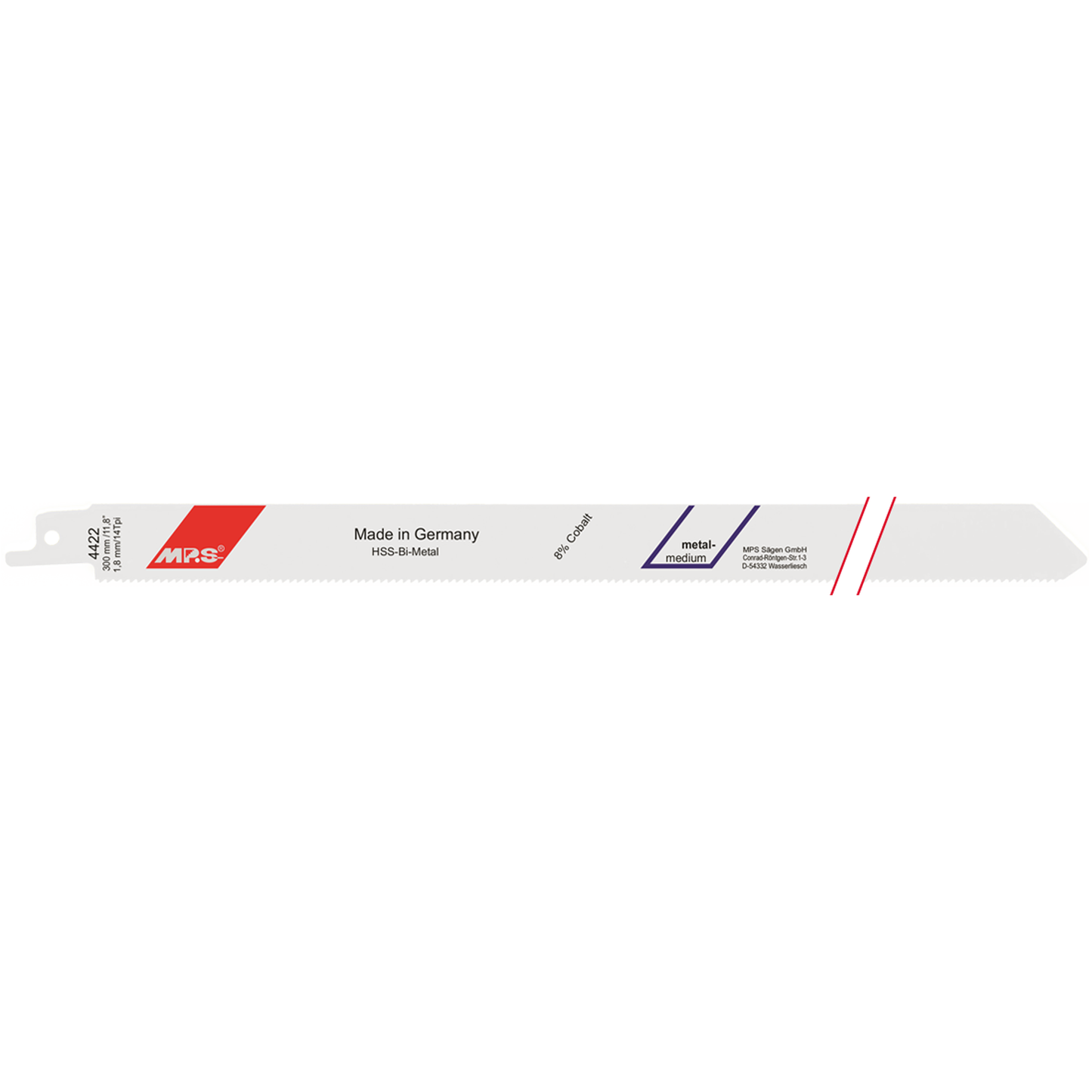 MPS Bajonettsagblad 4422, 300 mm BiM 14 tpi, 5 stk. pakke, designet for effektiv kutting av rustfritt stål og tynnplater, med presise fresede tenner for holdbare kutt.