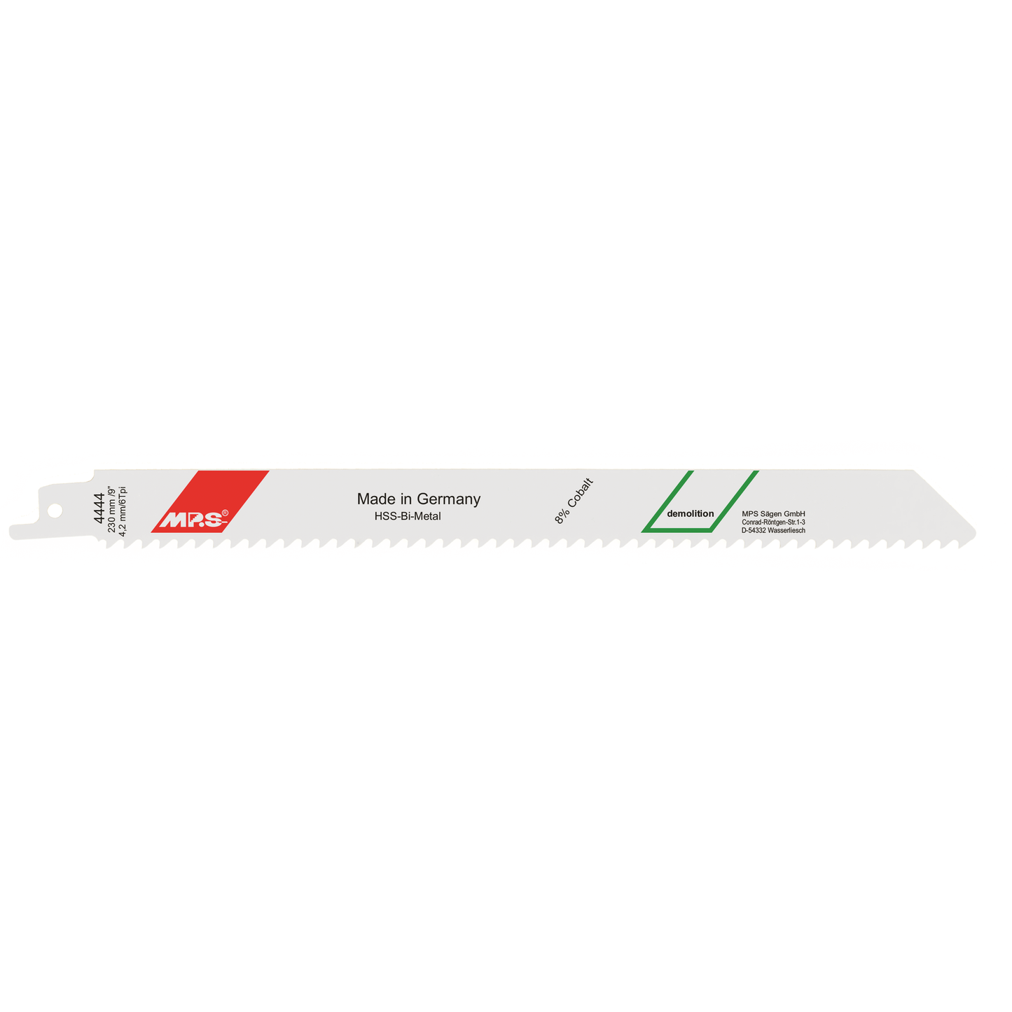 MPS Bajonettsagblad 4444, 230 mm bimetall med 6 tpi, ideelt for grov kutting av treverk med spiker, perfekt for profesjonelle håndverkere.