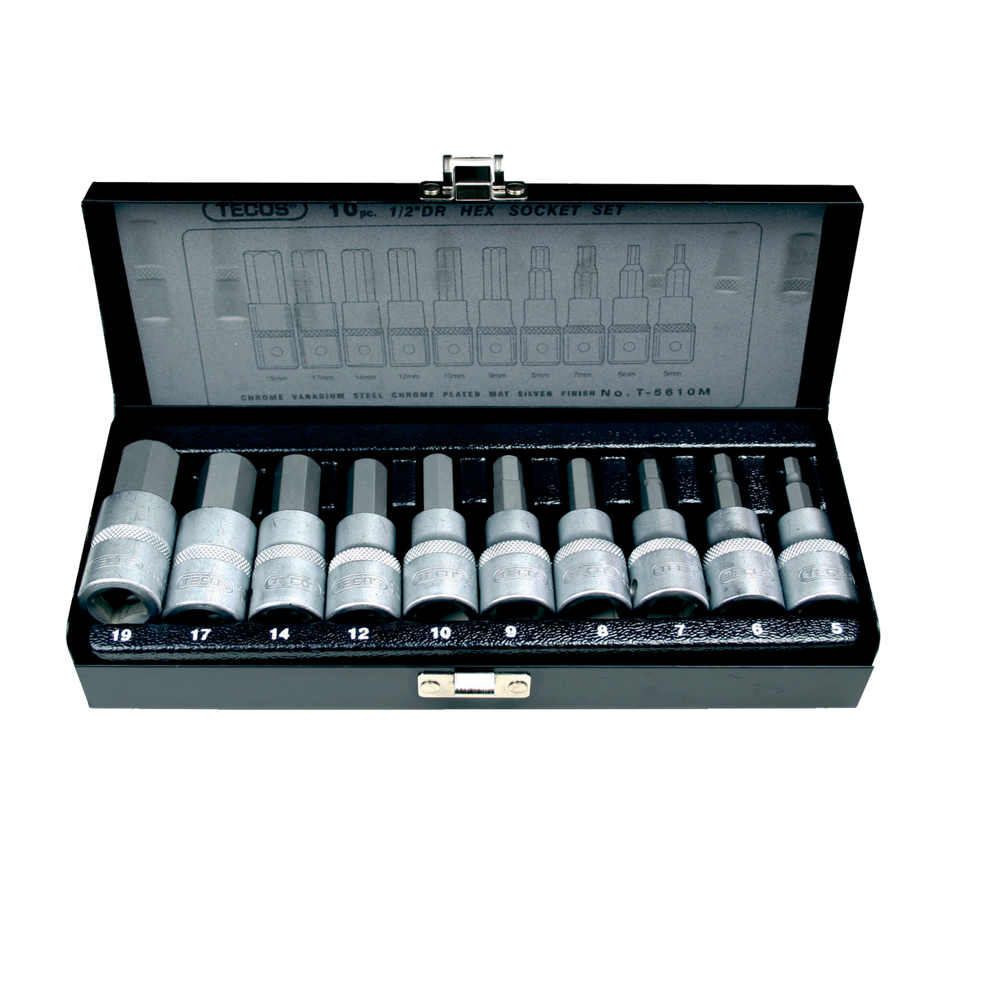 "Tecos T-5610M Unbrako pipesett med 10 deler, laget av kromvanadium og S2-stål, designet for høyt dreiemoment med rillede overflater for godt grep, perfekt for trange arbeidsplasser."