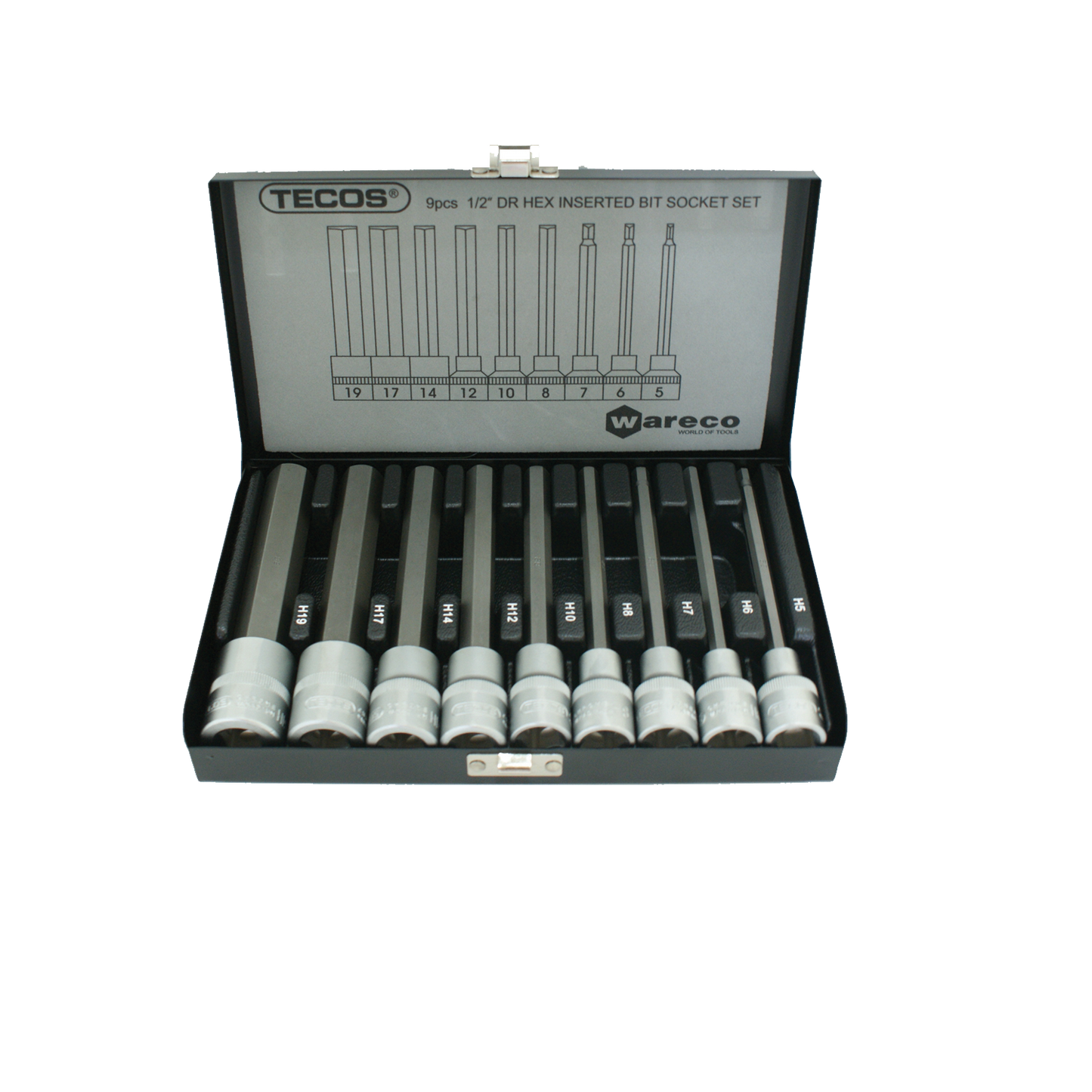 "Tecos T-5508M Unbrako pipesett med 9 deler, laget av kromvanadium og S2-stål, designet for høyt dreiemoment og ekstra rekkevidde, ideelt for profesjonell bruk i verksted og industri."