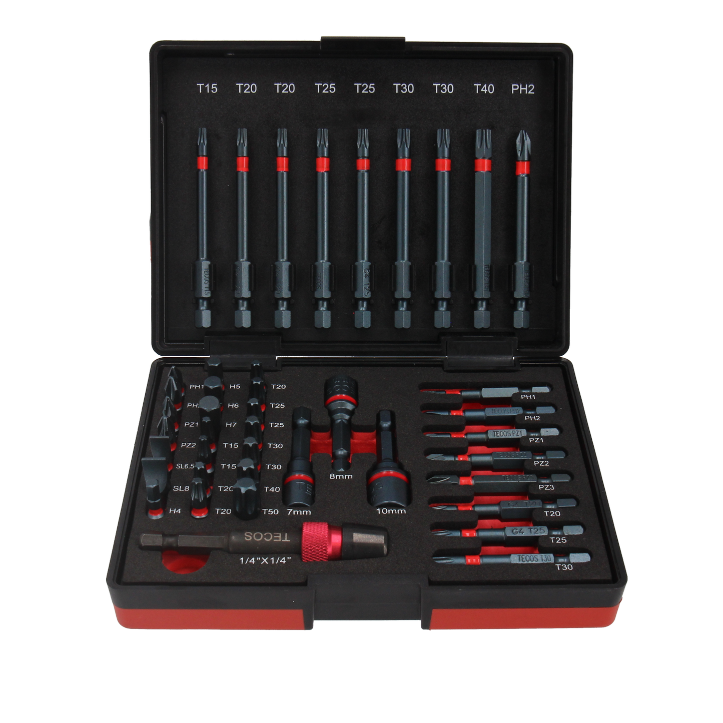 Tecos T-B042 Impact Bitssett med 42 deler laget av ultrasterkt S3-bitsstål, ideelt for krevende oppgaver med slag- og impaktmaskiner, inkludert en sikker impact-bitsholder med låsering.
