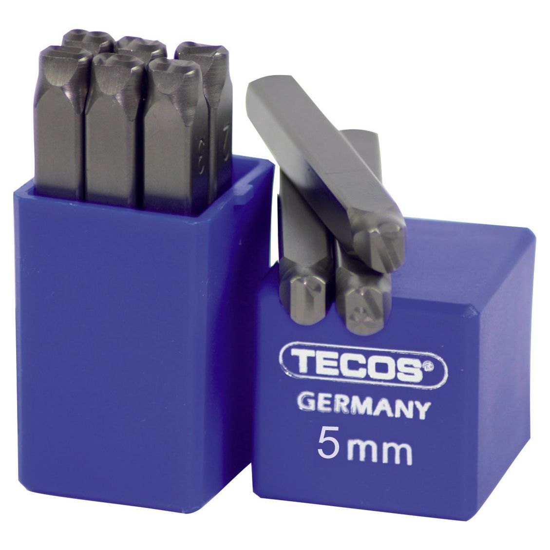 "Tecos Ståltallsett 0-9 x H10mm i plastkoffert, perfekt for presis merking av materialer med styrke opptil 100 kp/mm², inkludert tallene 0 til 9, robust og holdbar konstruksjon."