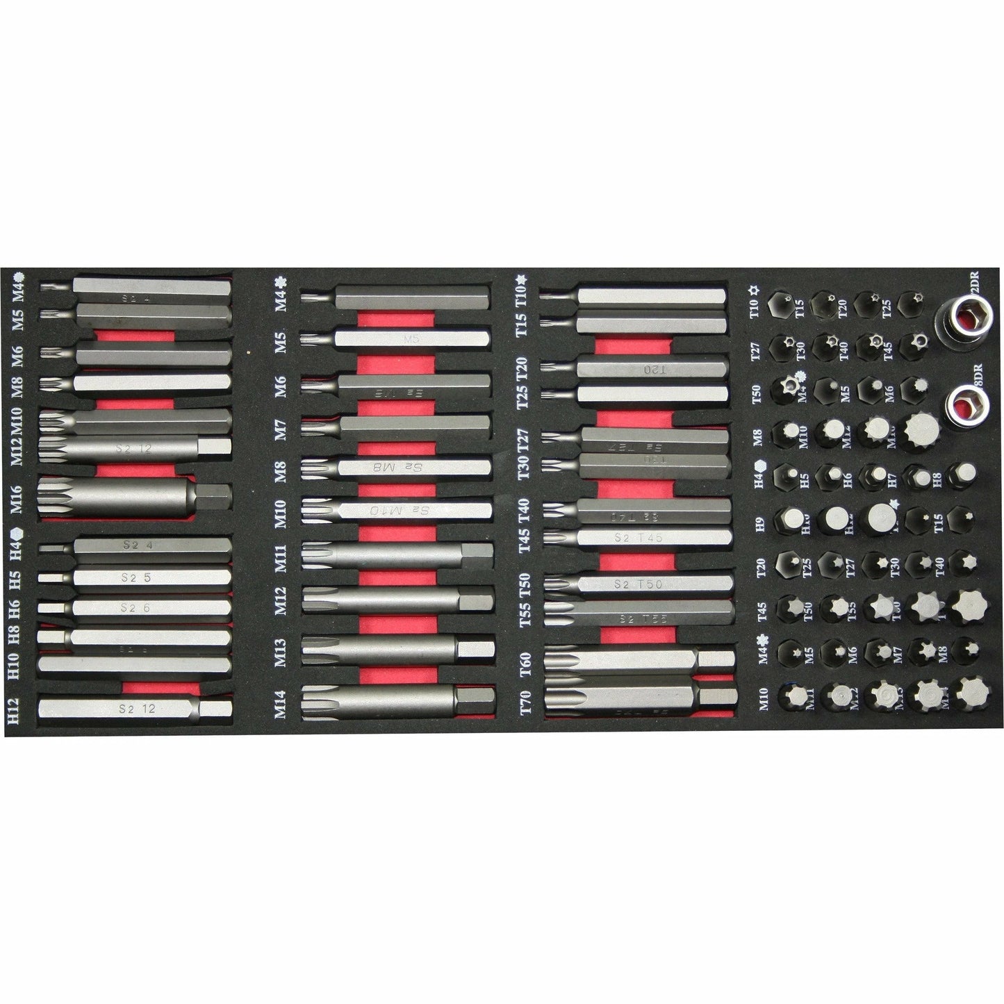 "Tecos Bitssett 83dl med 30 mm og 75 mm bits i slitesterkt S2-stål, perfekt for effektiv oppbevaring av 10 mm bits i verktøyvogn."