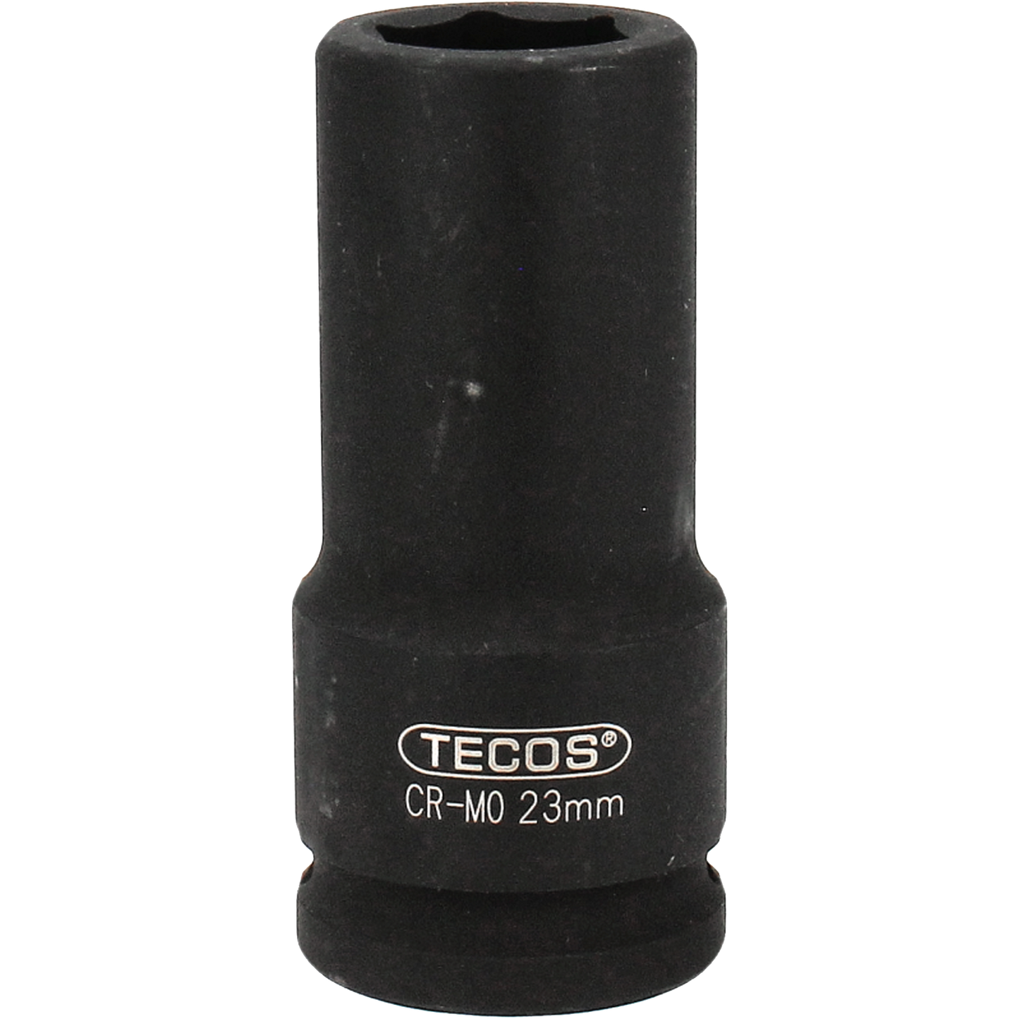 "Tecos kraftpipe lang 23mm x L95mm x 3/4", laget av Cr-Mo-stål med svart fosfatert overflate, designet for profesjonelle og hobbyhåndverkere, med Flankdrive profil for bedre grep og tapphull for sikker feste."