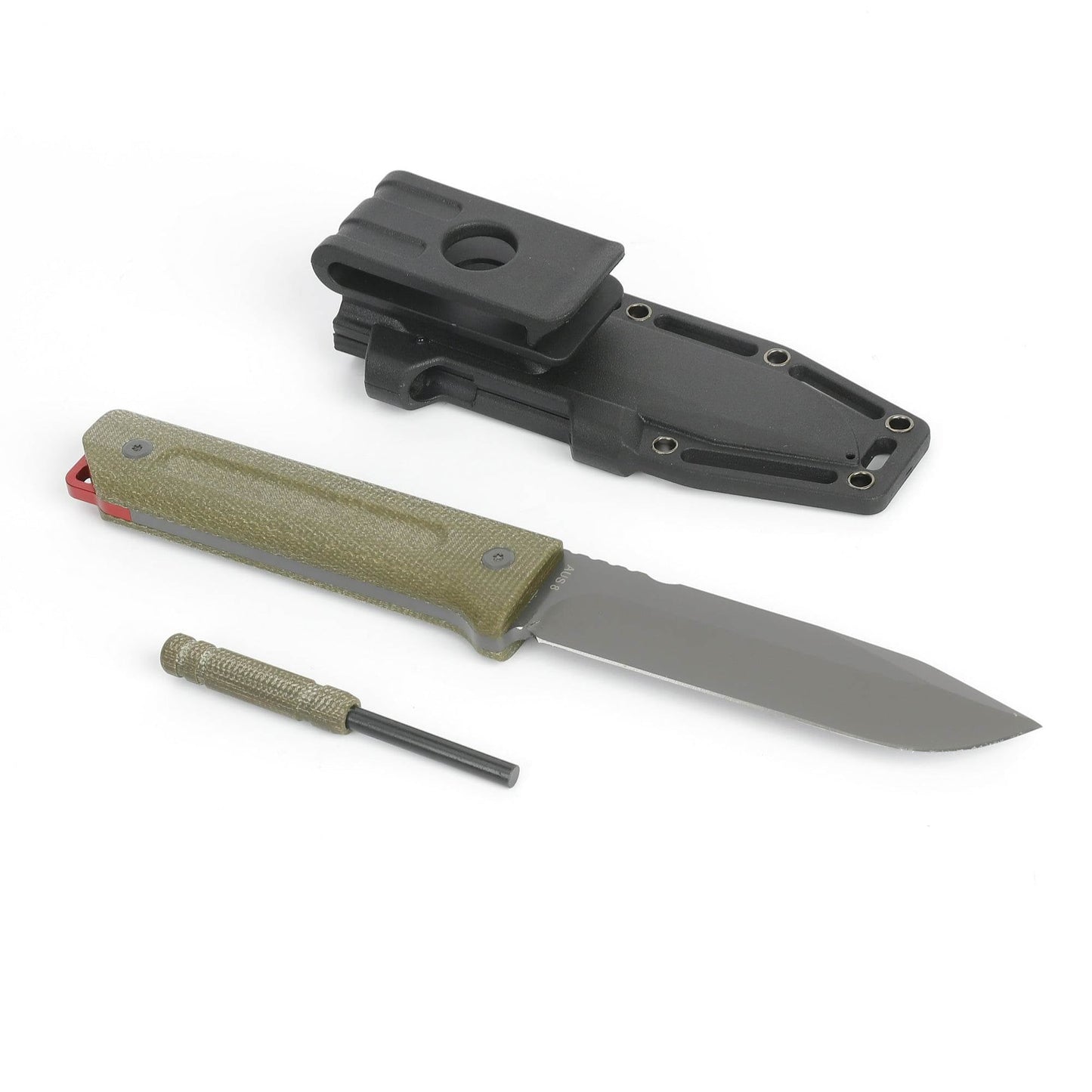 "Swisstech Stählern Fulltang Buschcrafter knife featuring a robust AUS-8 steel blade and durable Canvas Micarta handle, ideal for outdoor adventures like camping and hunting."