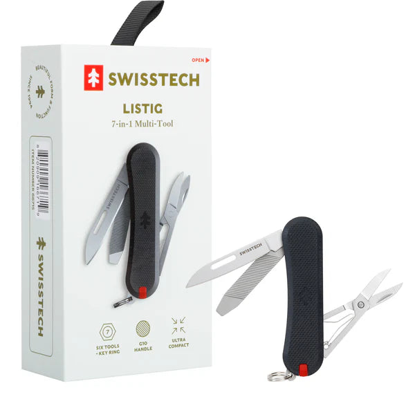 "SwissTech Listig 7-in-1 Multitool with G10 handle, compact design, and keyring attachment, showcasing its versatility and functionality for everyday use."