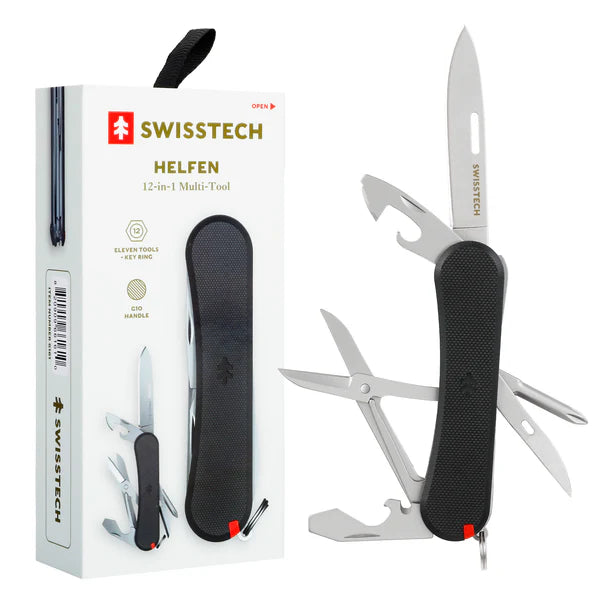 "SwissTech Helfen 12-in-1 Multitool featuring an ergonomic G10 handle, compact design, and multiple functions including a drop point blade, can opener, and bottle opener, perfect for everyday use and outdoor activities."