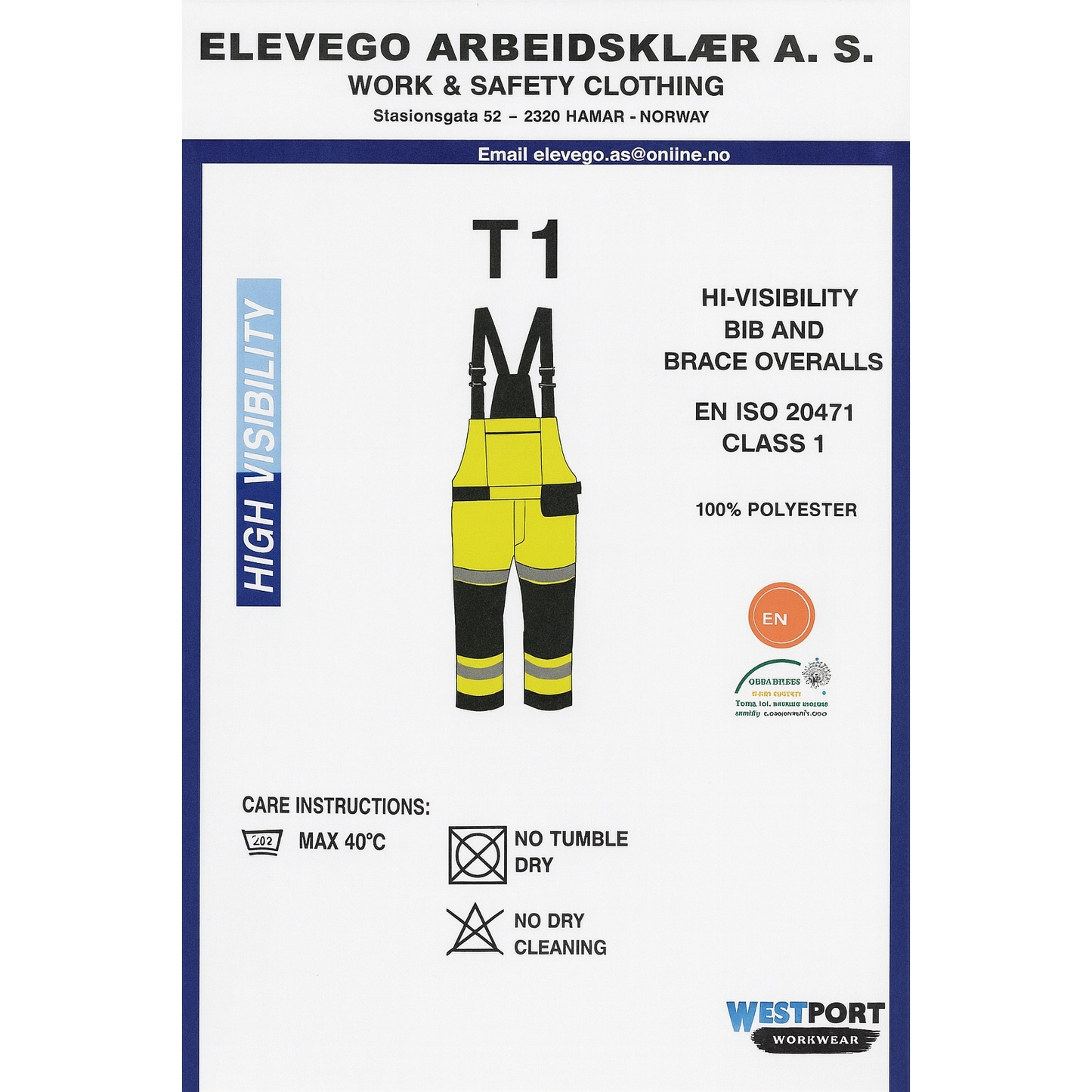 Lyngsøe Rainwear bukse i 4-veis stretch hi-vis gul/sort, designet for komfort og synlighet i krevende arbeidsforhold, med elastisk midje, avtagbare skulderstropper, pustende og vanntett materiale, perfekt for all slags vær.