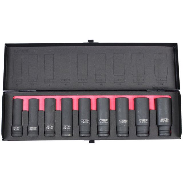 Produktbilde av Tecos Krafttoppsett 1/2" x 78 mm 9 deler fra NextPro i profesjonell kvalitet for håndverkere, mekanikere og verksteder. Et solid pipesett i CrMo-stål med sort fosfatert overflate, laget for krevende bruk med slagverktøy og muttertrekker. Relevante søkeord inkluderer Kraftpipesett, 1/2", Flankdrive, kraftpipe lang, kraftpiper, kraftpipesett, profesjonelle verktøy, verkstedutstyr og NextPro.