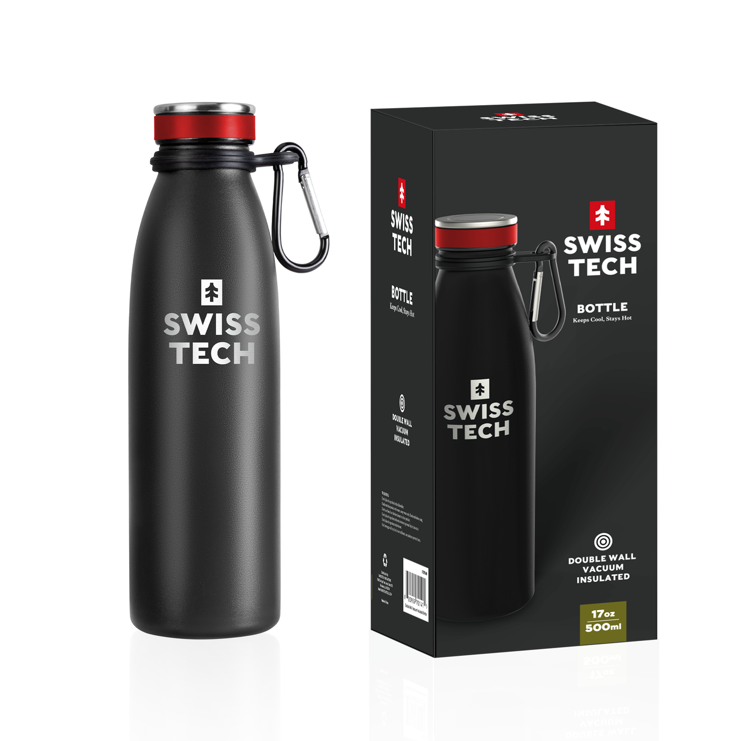 Swisstech Drikkeflaske 500 ml i sort, elegant og kompakt design, laget av rustfritt stål, BPA-fri, med karabinkrok og passer i koppholder, ideell for daglig bruk og aktiv livsstil.