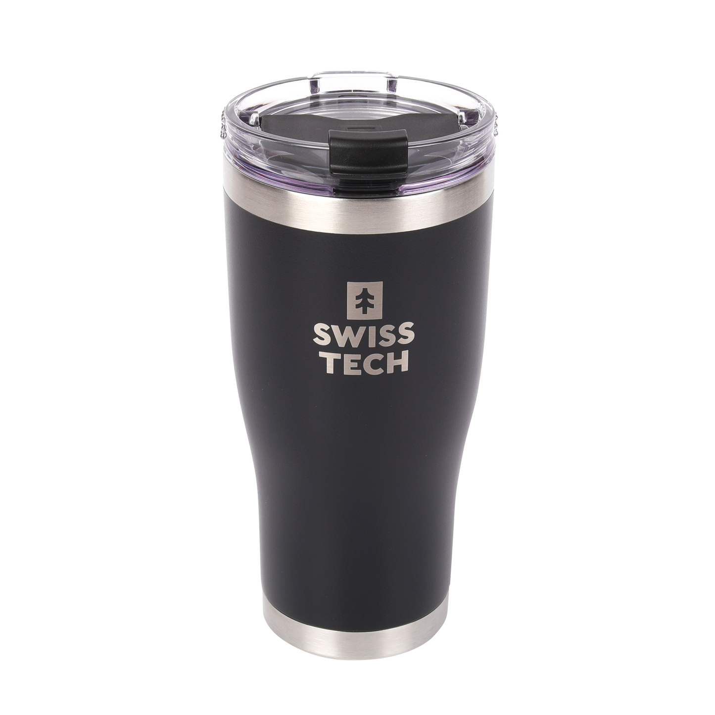 "Swisstech 100% tett termokopp 590 ml i rustfritt stål, designet for å holde drikken varm i opptil 6 timer og kald i opptil 18 timer, perfekt for reiser og utendørsaktiviteter."