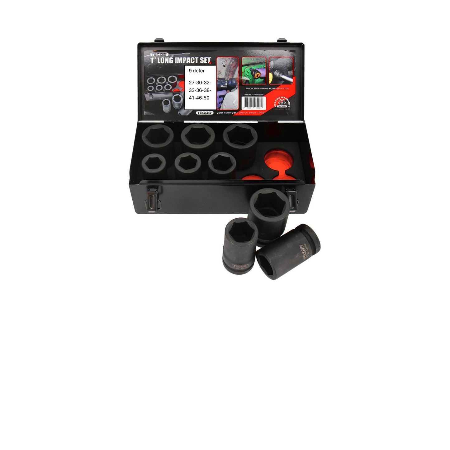 "Tecos Kraftpipesett 1” - 9 deler lange piper, designet for profesjonelt bruk med Flankdrive-geometri, perfekt for store batteridrevne slagtrekkere, levert i robust metallboks for sikker oppbevaring."