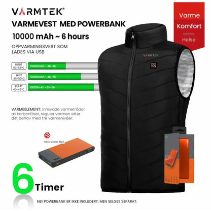   "Innovativ varmevest med karbonfiber varmeelementer, tre temperaturinnstillinger, vanntett design og 10.000 mAH powerbank for opptil 6 timers varme, perfekt for kalde dager."