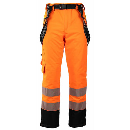 Tor Unisex Bukse Foret Fluoriserende kl2 Orange/Sort fra 3X Workwear, fôret, vind- og vanntett, designet for høy synlighet og komfort, laget av 100% resirkulert polyester med elastan, oppfyller EN20471 klasse 2, ideell for vinterbruk.