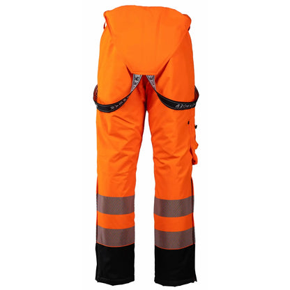 Tor Unisex Bukse Foret Fluoriserende kl2 Orange/Sort fra 3X Workwear, fôret, vind- og vanntett, designet for høy synlighet og komfort, laget av 100% resirkulert polyester med elastan, oppfyller EN20471 klasse 2, ideell for vinterbruk.