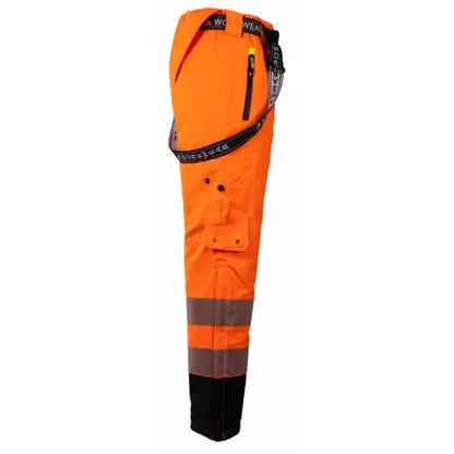Tor Unisex Bukse Foret Fluoriserende kl2 Orange/Sort fra 3X Workwear, fôret, vind- og vanntett, designet for høy synlighet og komfort, laget av 100% resirkulert polyester med elastan, oppfyller EN20471 klasse 2, ideell for vinterbruk.