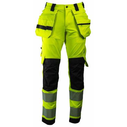 Tor Bukse 3 - slitesterk og funksjonell arbeidsbukse med høy synlighet, kort benlengde, knelommer for knebeskyttere, avtagbare hengelommer, laget av 90% resirkulert nylon og 10% spandex, sertifisert EN 20471 klasse 2, farge sort/fluoriserende gul, unisex design, perfekt for helårsbruk.