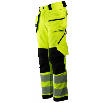 Tor Bukse 3 - slitesterk og funksjonell arbeidsbukse med høy synlighet, kort benlengde, knelommer for knebeskyttere, avtagbare hengelommer, laget av 90% resirkulert nylon og 10% spandex, sertifisert EN 20471 klasse 2, farge sort/fluoriserende gul, unisex design, perfekt for helårsbruk.