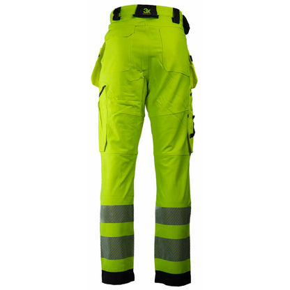 Tor Bukse 3 - slitesterk og funksjonell arbeidsbukse med høy synlighet, kort benlengde, knelommer for knebeskyttere, avtagbare hengelommer, laget av 90% resirkulert nylon og 10% spandex, sertifisert EN 20471 klasse 2, farge sort/fluoriserende gul, unisex design, perfekt for helårsbruk.