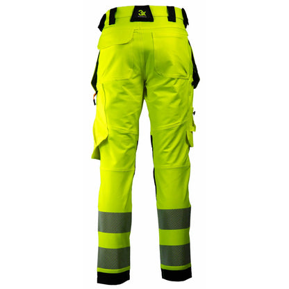 Tor Bukse 3 - slitesterk og funksjonell arbeidsbukse med høy synlighet, kort benlengde, knelommer for knebeskyttere, avtagbare hengelommer, laget av 90% resirkulert nylon og 10% spandex, sertifisert EN 20471 klasse 2, farge sort/fluoriserende gul, unisex design, perfekt for helårsbruk.