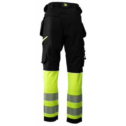 Tor Bukse - Kort benlengde 3X, funksjonell arbeidsbukse med kort benlengde, knelommer for knebeskyttere, avtagbare hengelommer, laget av 90 % resirkulert nylon og 10 % spandex, oppfyller EN 20471 klasse 1 for synlighet, tilgjengelig i sort med fluoriserende gule detaljer.