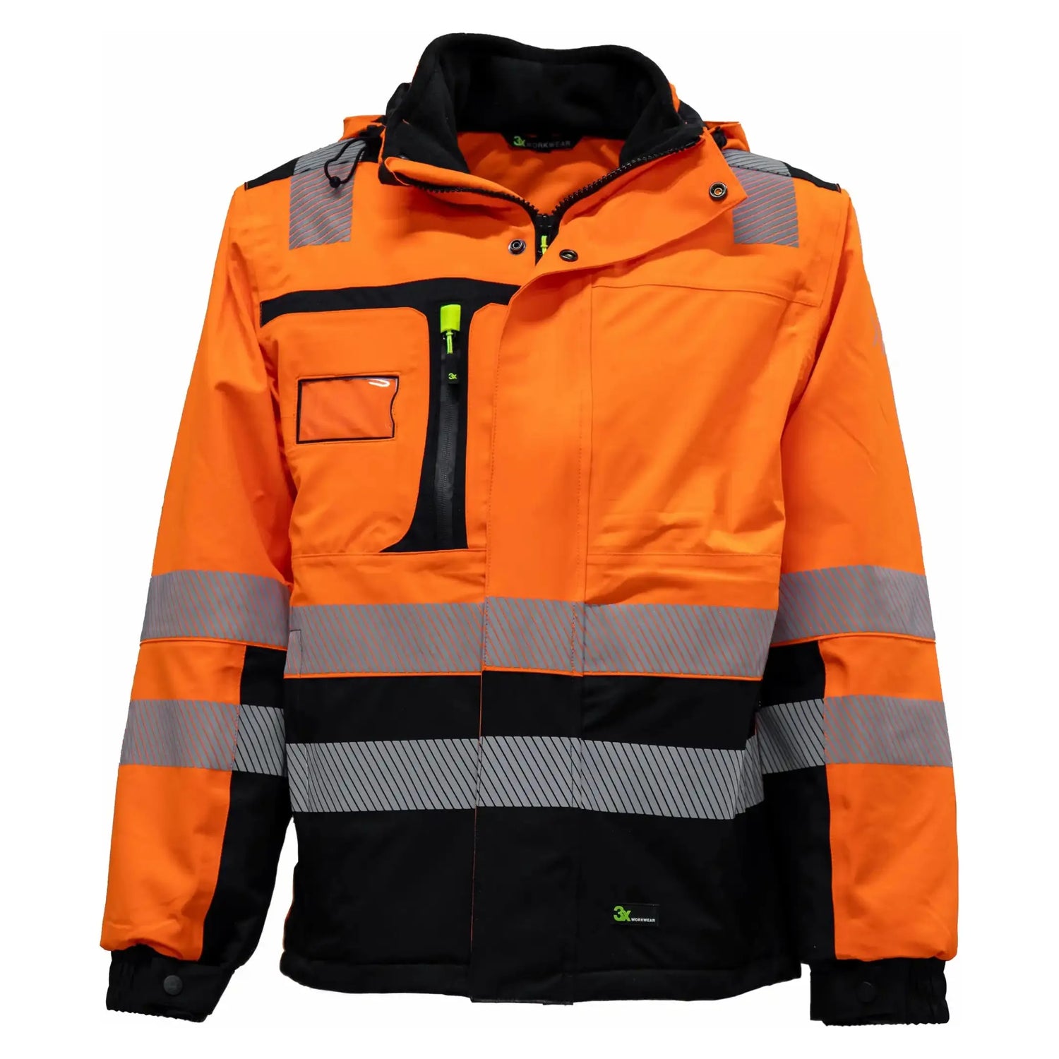   "3X Tor Unisex Jakke Foret Fluoriserende EN20471 kl3 i oransje og sort, med høy synlighet, vannsøyle på 20.000 mm, pusteevne på 8.000 mm, avtakbar hette og flere lommer, designet for komfort og funksjonalitet i vintervær."