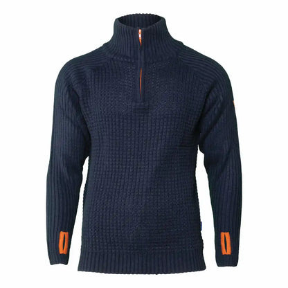 Ullgenser Villmark i blå og orange med høy hals og glidelås, tommelhull for komfort, laget av slitesterk ullblanding, perfekt for friluftsliv og hverdagsbruk.